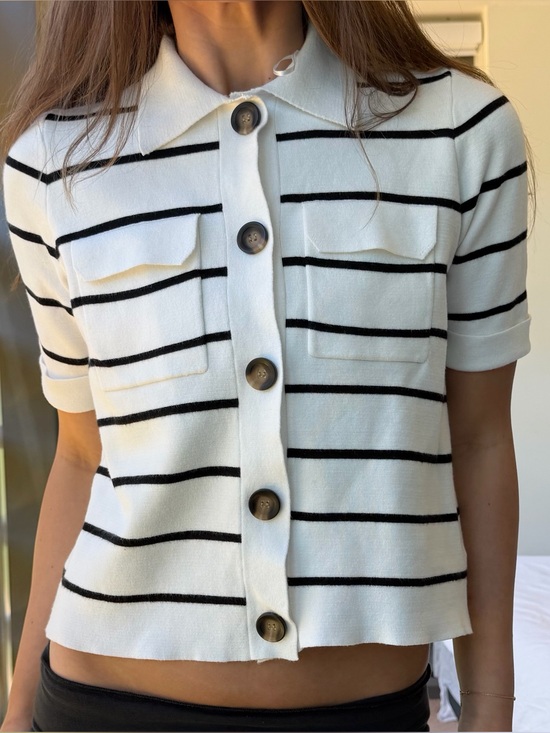 Tahari Tops - TAHARI Business Casual White and Black Striped Short Sleeve Knit Top